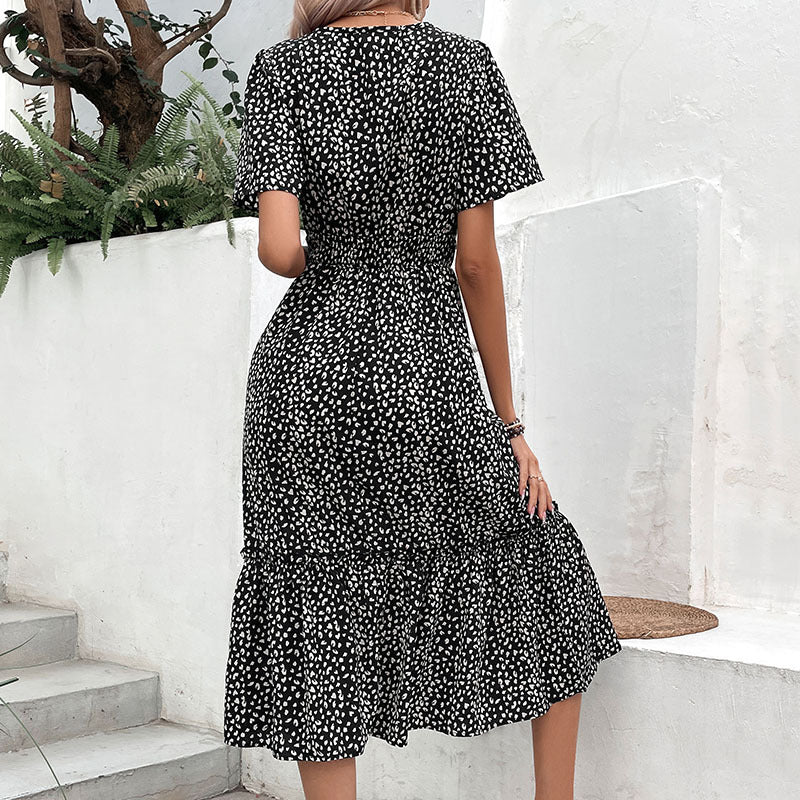 Polka Dot Midi Dress with Smocked Waist and V-Neck