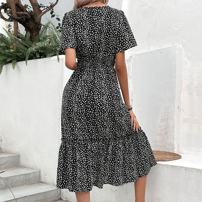Polka Dot Midi Dress with Smocked Waist and V-Neck