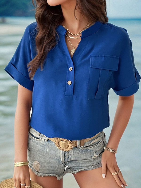Solid Popover Blouse with V-Neck and Flap Pocket