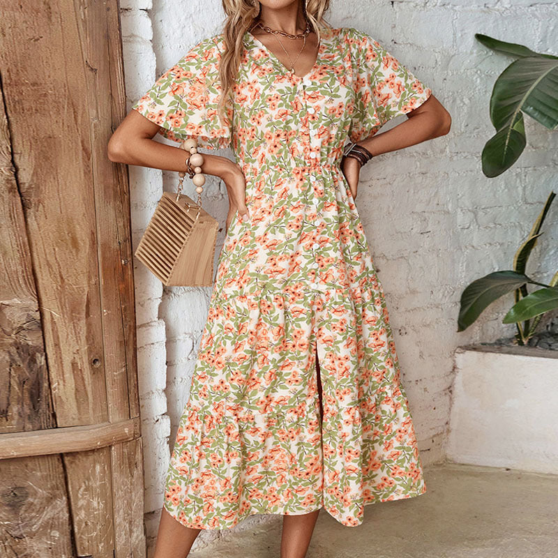Tiny Floral A-Line Midi Dress with V-Neck and Side Slit