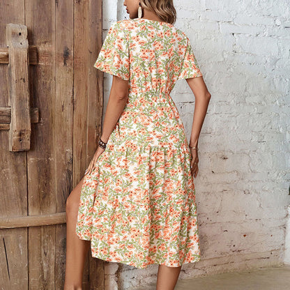 Tiny Floral A-Line Midi Dress with V-Neck and Side Slit