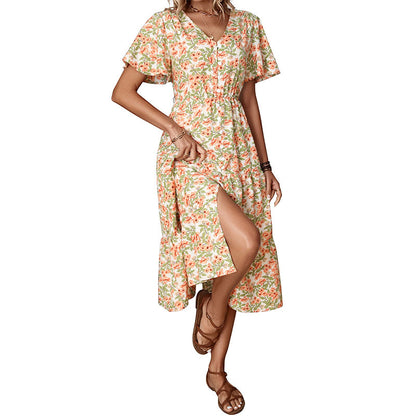 Tiny Floral A-Line Midi Dress with V-Neck and Side Slit
