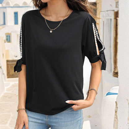 Solid T-Shirt with Lace Cut-Out Sleeves and Tie Cuffs