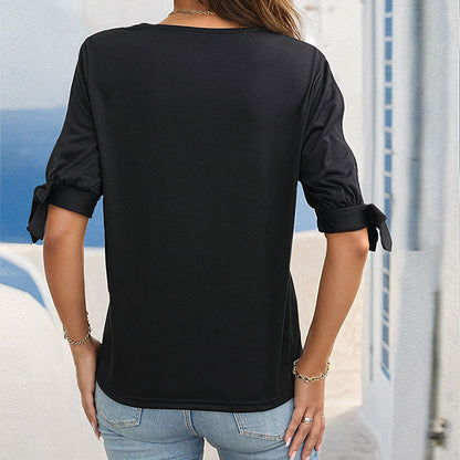 Solid T-Shirt with Lace Cut-Out Sleeves and Tie Cuffs