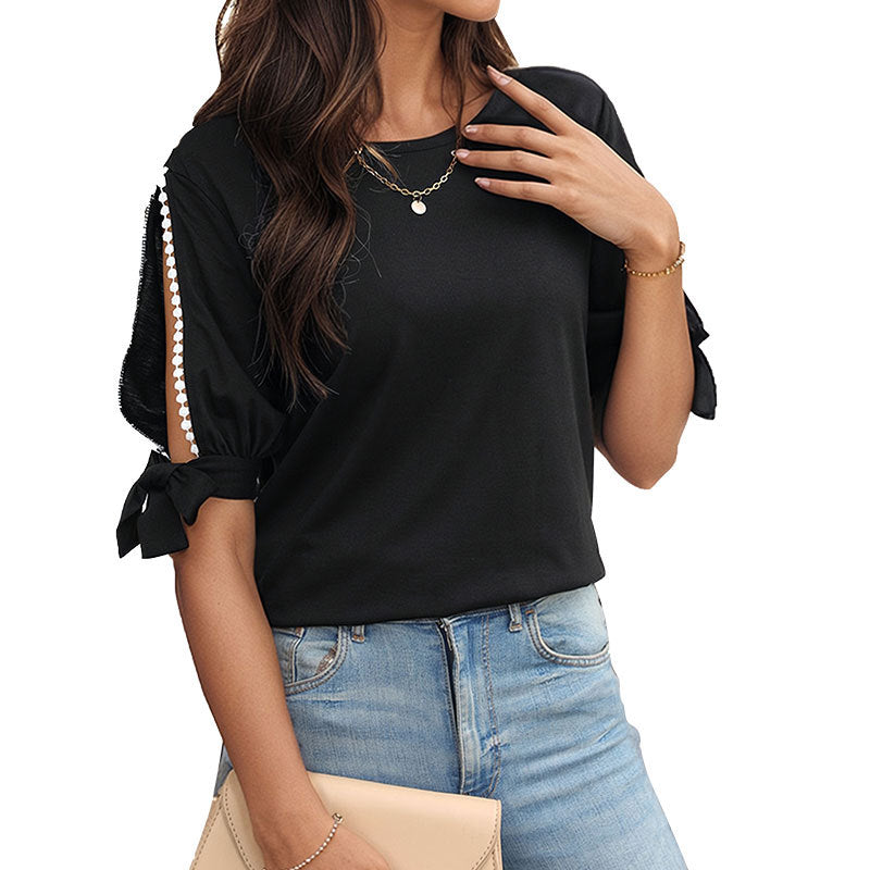 Solid T-Shirt with Lace Cut-Out Sleeves and Tie Cuffs