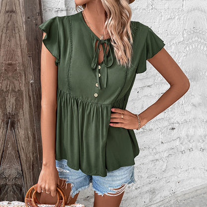 Solid Babydoll Top with Tie-Up V-Neck and Ruffle Sleeves