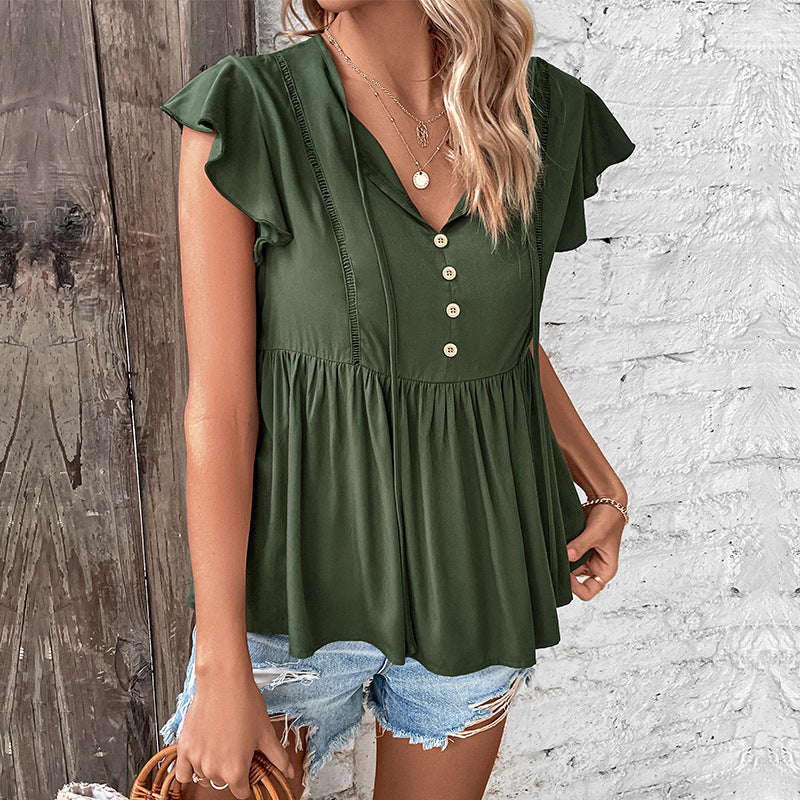 Solid Babydoll Top with Tie-Up V-Neck and Ruffle Sleeves