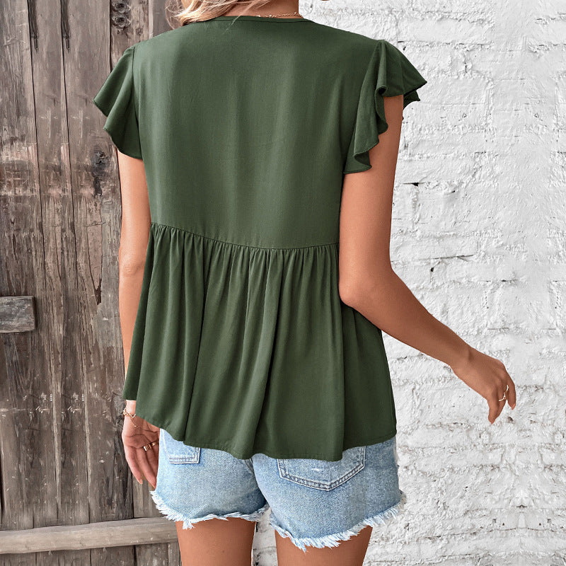 Solid Babydoll Top with Tie-Up V-Neck and Ruffle Sleeves