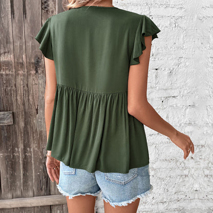 Solid Babydoll Top with Tie-Up V-Neck and Ruffle Sleeves