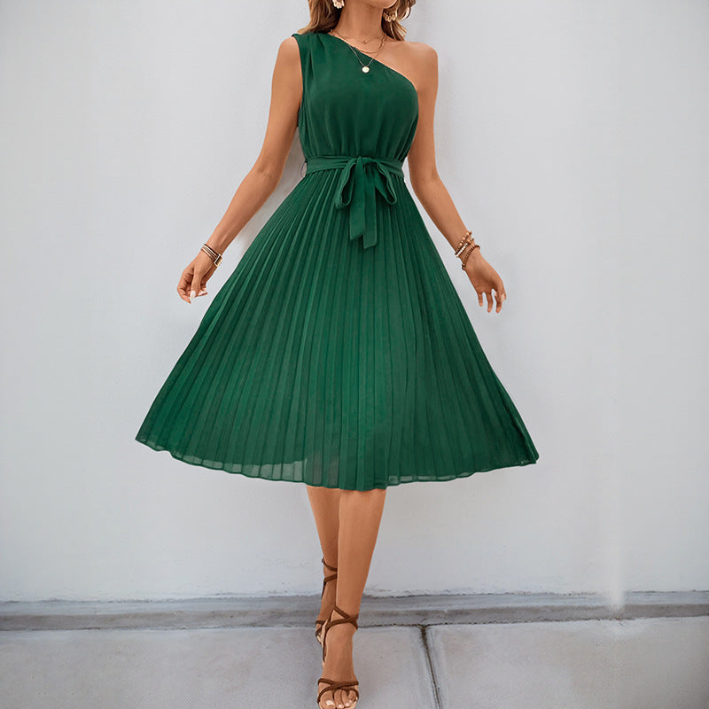 Solid One-Shoulder Midi Dress with Pleated Asymmetrical Hem