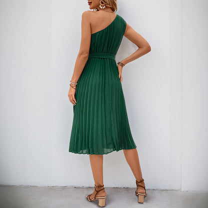 Solid One-Shoulder Midi Dress with Pleated Asymmetrical Hem