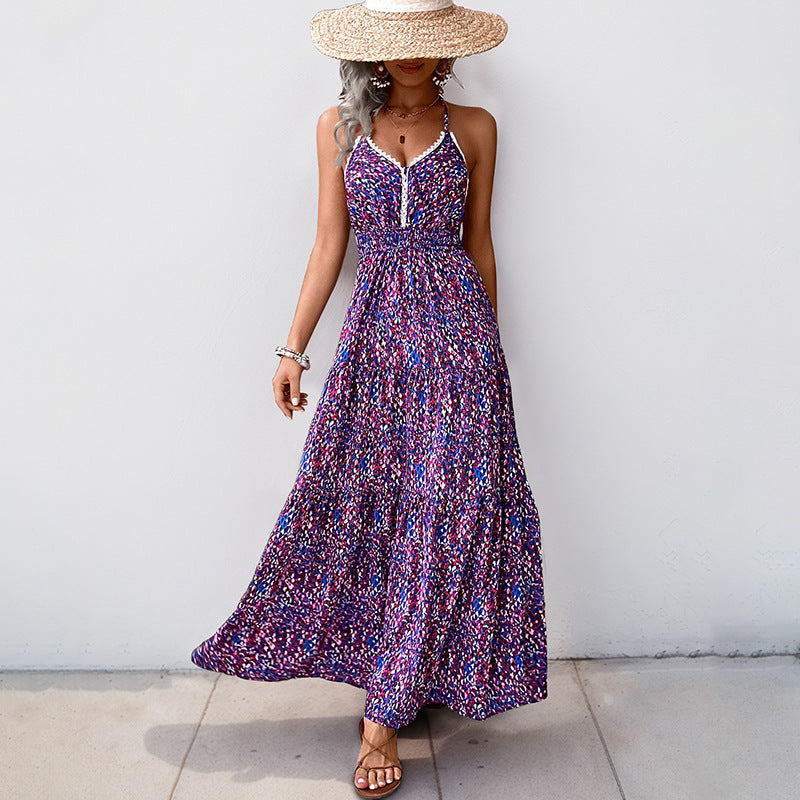 Floral A-Line Maxi Dress with Halter V-Neck