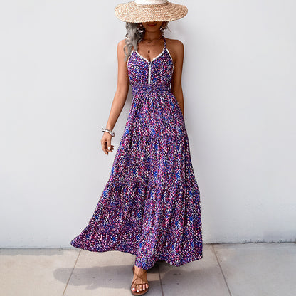 Floral A-Line Maxi Dress with Halter V-Neck