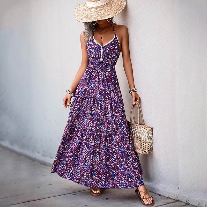 Floral A-Line Maxi Dress with Halter V-Neck