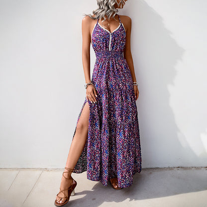 Floral A-Line Maxi Dress with Halter V-Neck