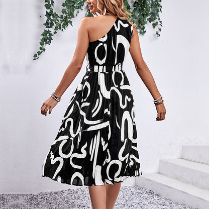 Abstract Letter Print Pleated Midi Dress with Asymmetrical Neckline