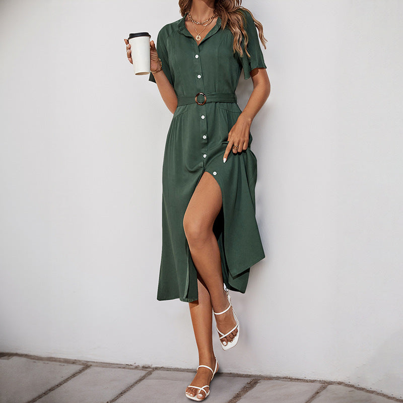 Solid A-Line Shirt Dress with Belted Waist and Button Front