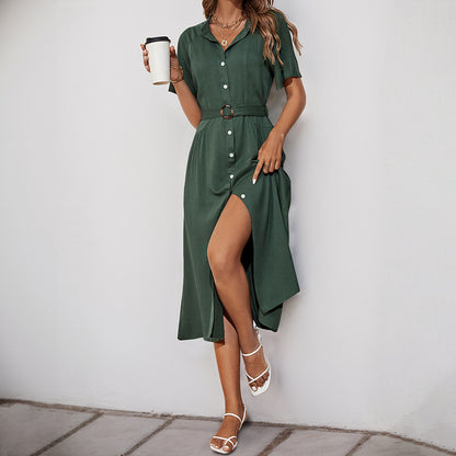 Solid A-Line Shirt Dress with Belted Waist and Button Front