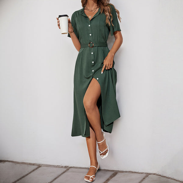 Solid A-Line Shirt Dress with Belted Waist and Button Front