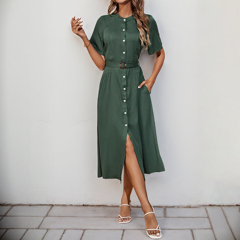 Solid A-Line Shirt Dress with Belted Waist and Button Front