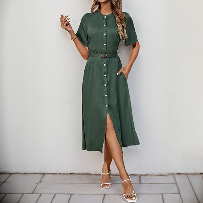 Solid A-Line Shirt Dress with Belted Waist and Button Front