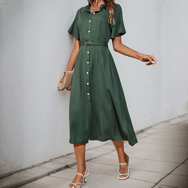 Solid A-Line Shirt Dress with Belted Waist and Button Front