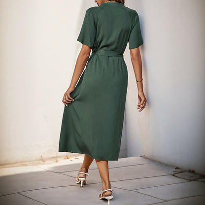 Solid A-Line Shirt Dress with Belted Waist and Button Front