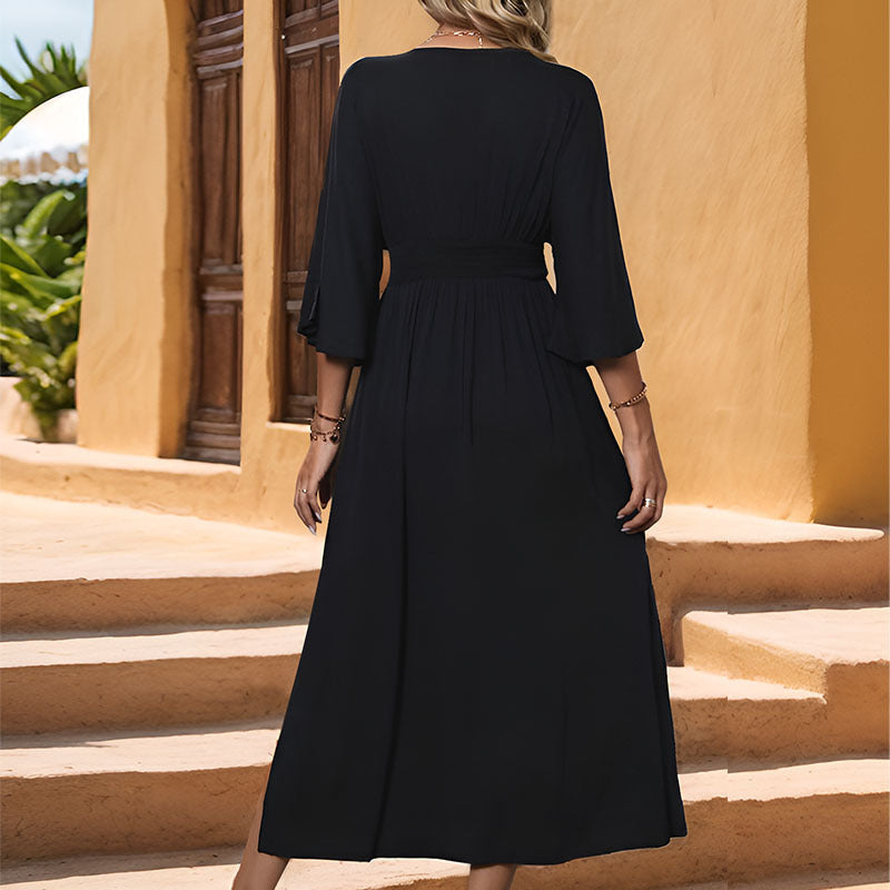 Solid A-Line Midi Dress with V-Neck, High Waist, and Side Slit