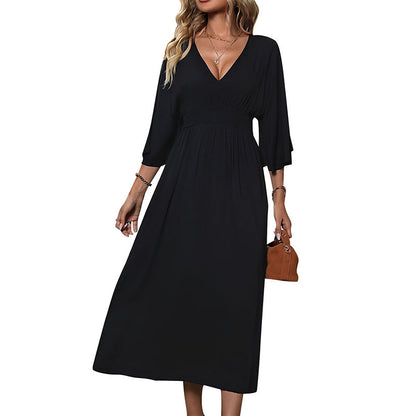 Solid A-Line Midi Dress with V-Neck, High Waist, and Side Slit