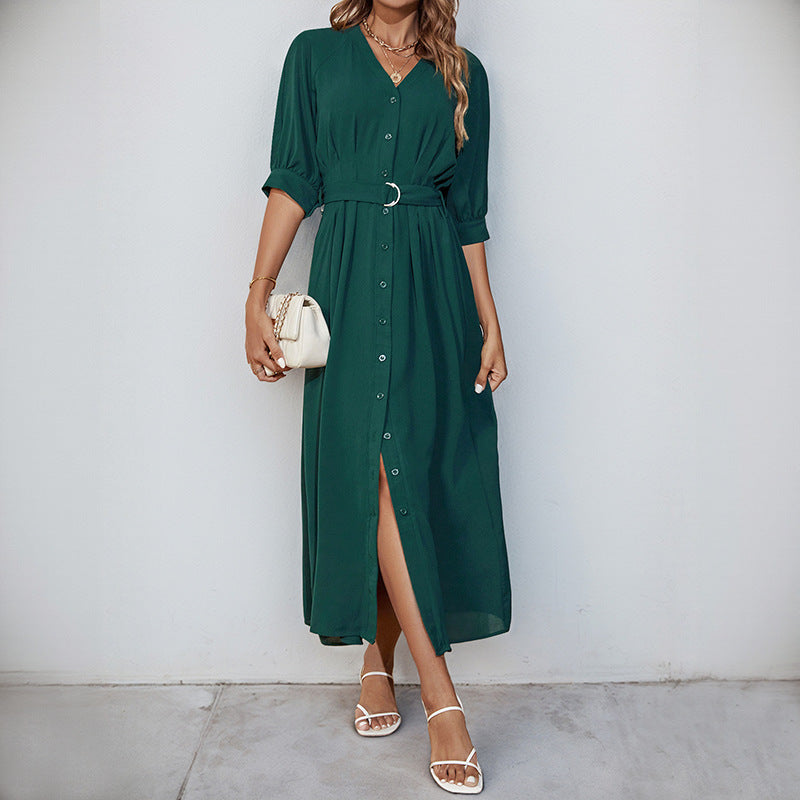 Solid V-Neck Shirt Dress with 3/4 Sleeves and Belted Waist