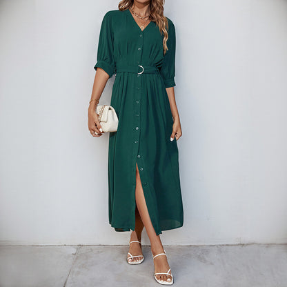 Solid V-Neck Shirt Dress with 3/4 Sleeves and Belted Waist