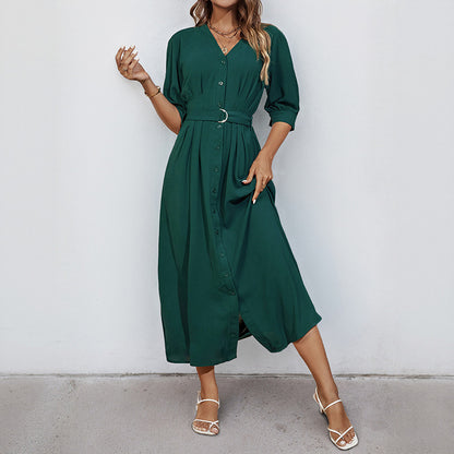Solid V-Neck Shirt Dress with 3/4 Sleeves and Belted Waist