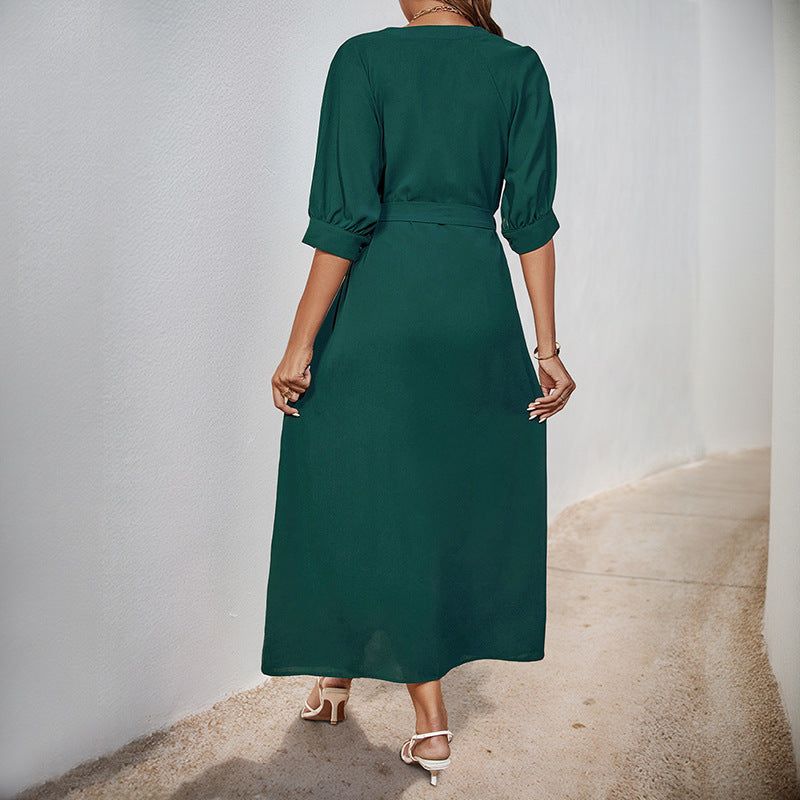 Solid V-Neck Shirt Dress with 3/4 Sleeves and Belted Waist