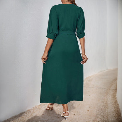 Solid V-Neck Shirt Dress with 3/4 Sleeves and Belted Waist