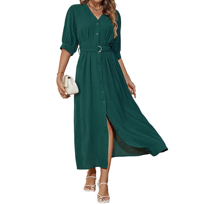 Solid V-Neck Shirt Dress with 3/4 Sleeves and Belted Waist