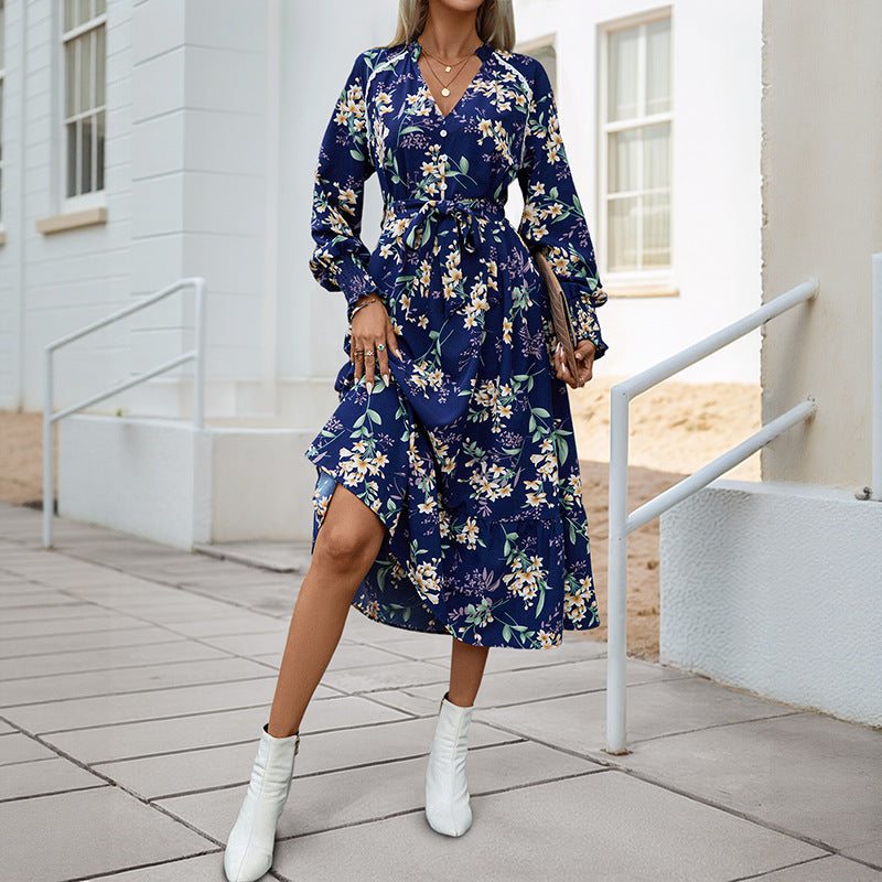 A-Line Floral Midi Dress with V-Neck and Tie-Waist