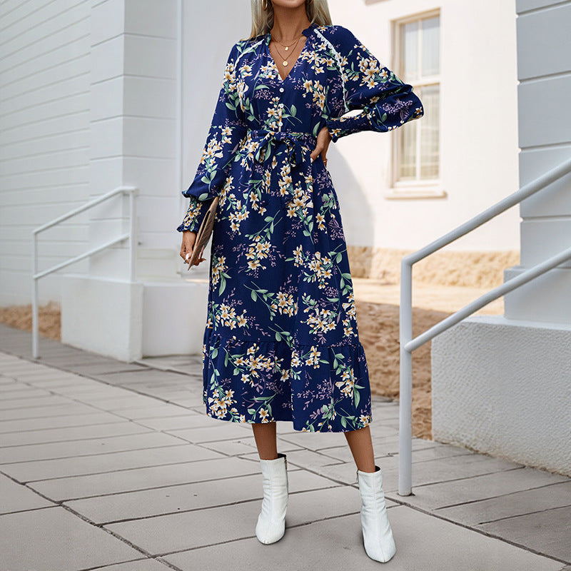 A-Line Floral Midi Dress with V-Neck and Tie-Waist