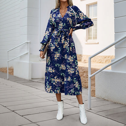 A-Line Floral Midi Dress with V-Neck and Tie-Waist