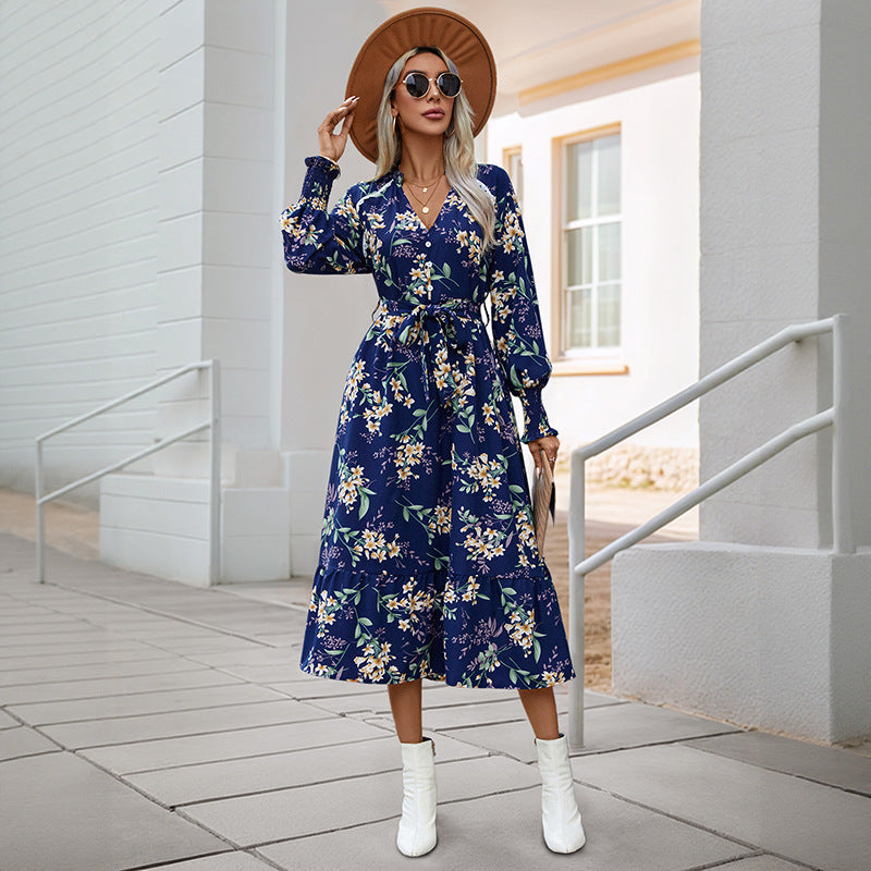A-Line Floral Midi Dress with V-Neck and Tie-Waist