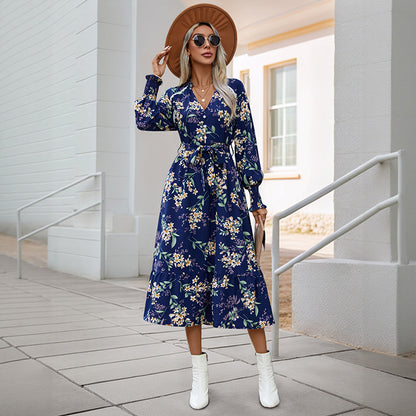 A-Line Floral Midi Dress with V-Neck and Tie-Waist