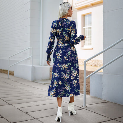A-Line Floral Midi Dress with V-Neck and Tie-Waist