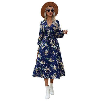 A-Line Floral Midi Dress with V-Neck and Tie-Waist