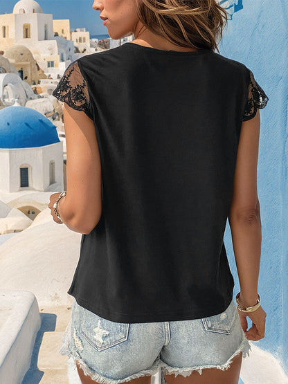 Black Short Sleeve Top with Scalloped Lace Trim