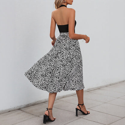 Color-Blocked Dress with Halter Neck and Animal Print Skirt