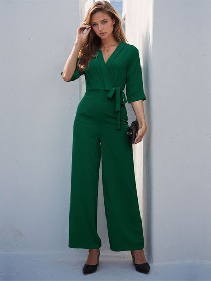 Wide-Leg Jumpsuit with Wrap V-Neck and Tie Waist
