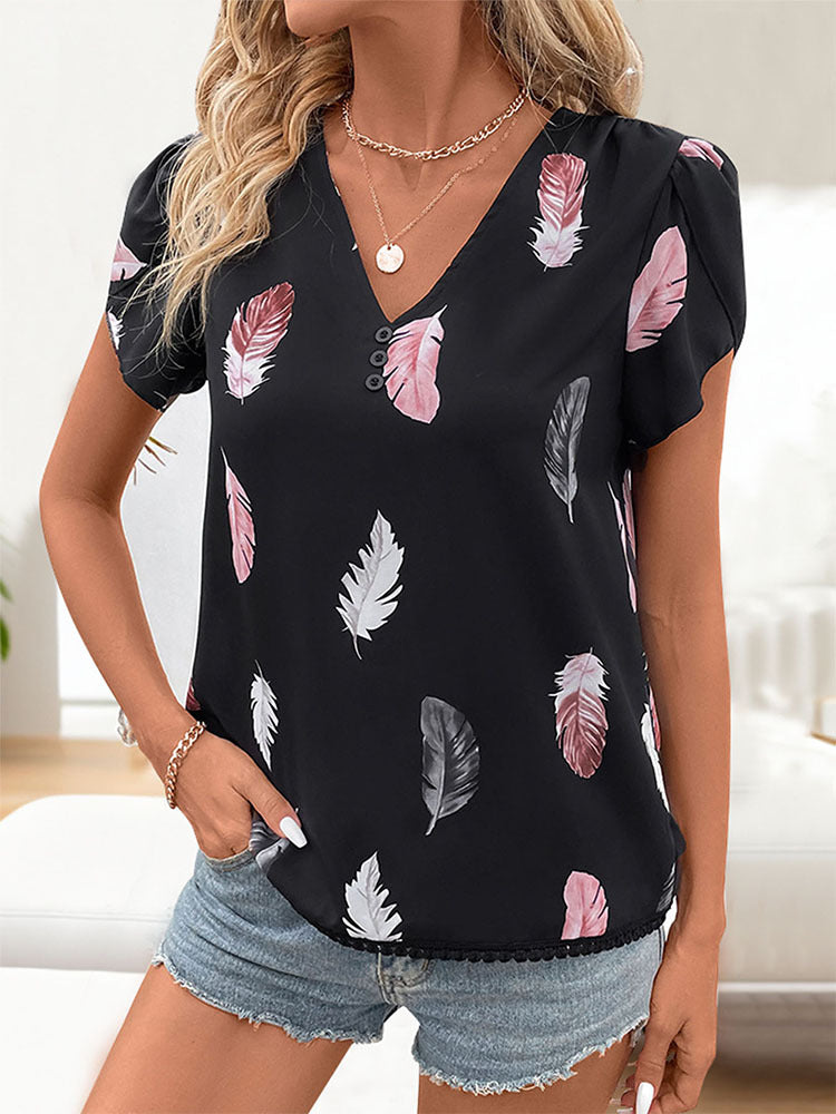 Feather Print Blouse with V-Neck and Puff Sleeves