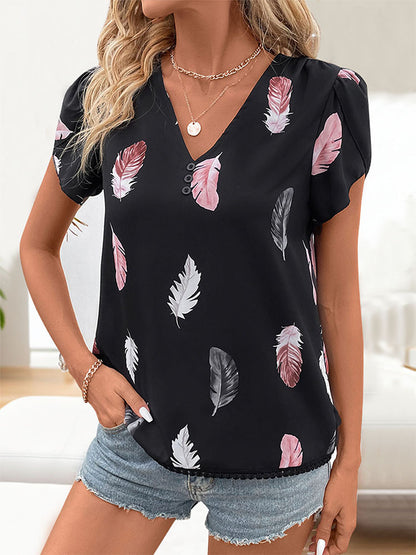 Feather Print Blouse with V-Neck and Puff Sleeves