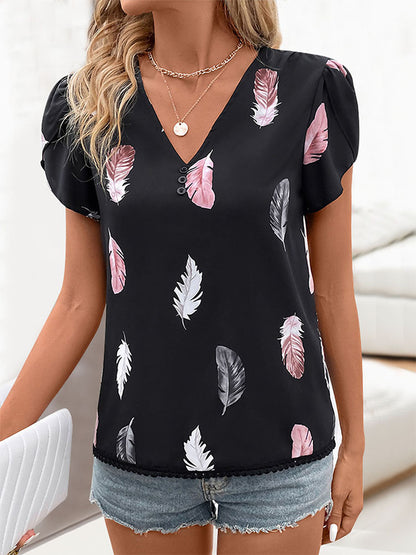 Feather Print Blouse with V-Neck and Puff Sleeves