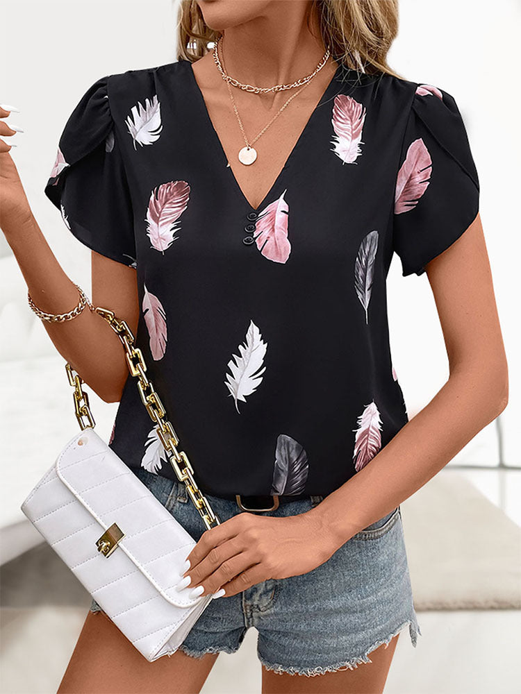 Feather Print Blouse with V-Neck and Puff Sleeves