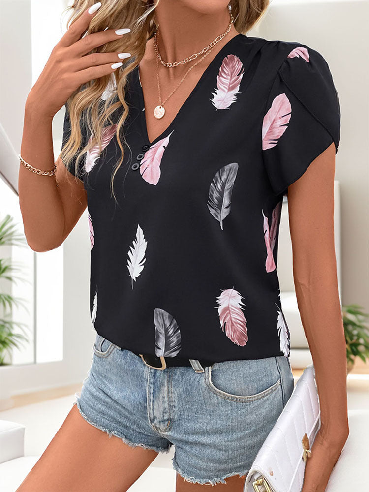 Feather Print Blouse with V-Neck and Puff Sleeves